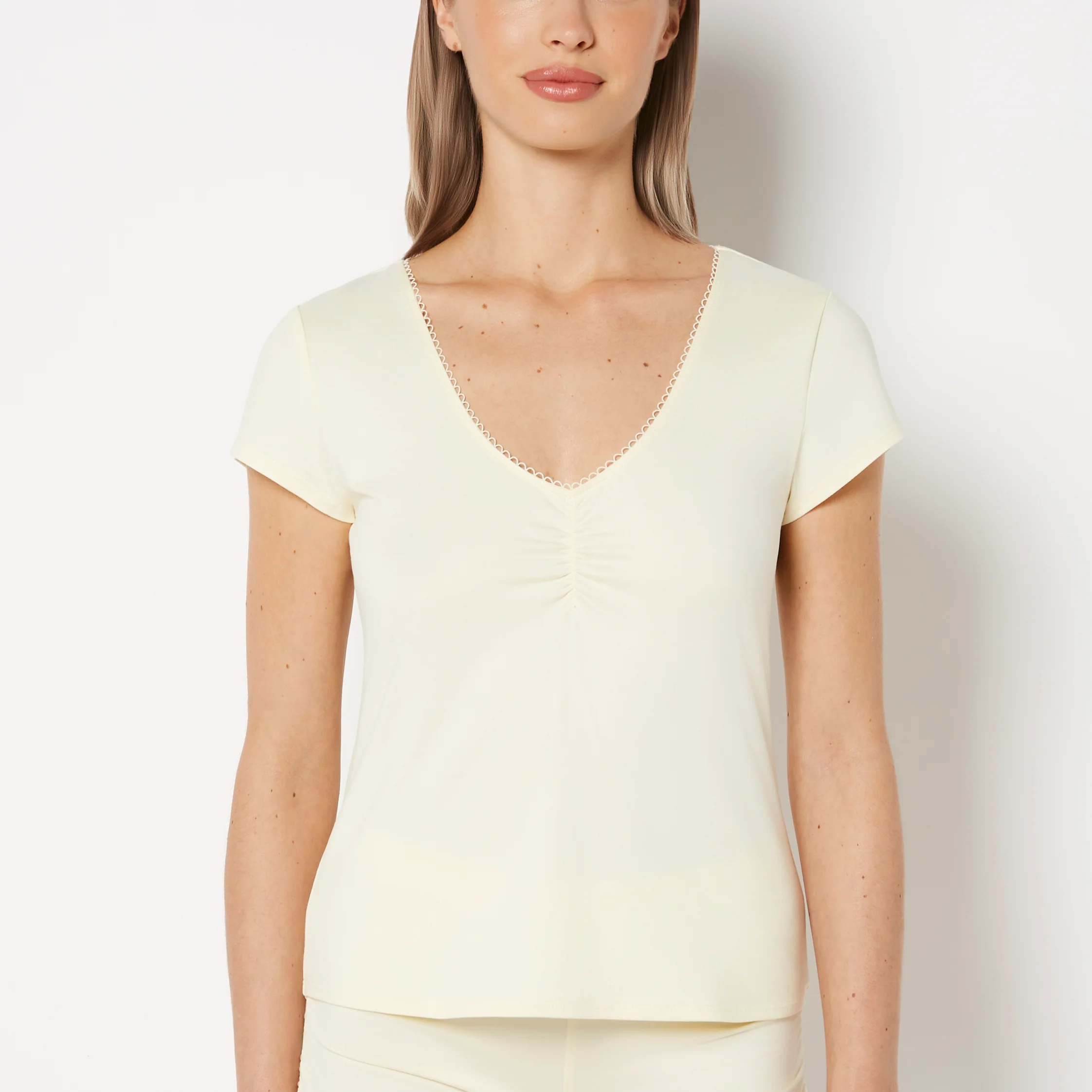 Casual Sleep Jersey V Neck Top With Picot Trim in Lemon Icing