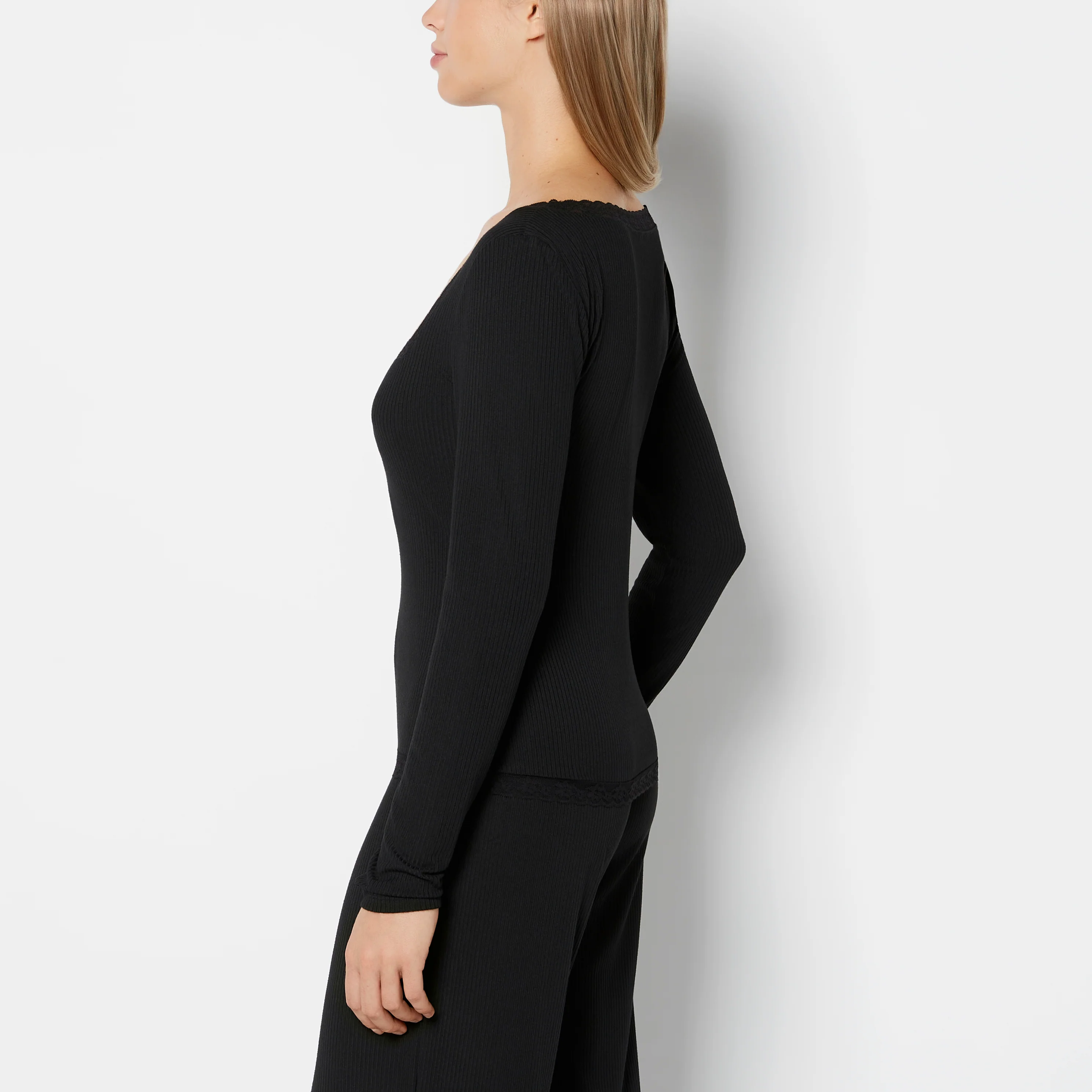 Casual Sleep Ribbed Long Sleeve Top With Lace Trim in Tuxedo Black - Image 2