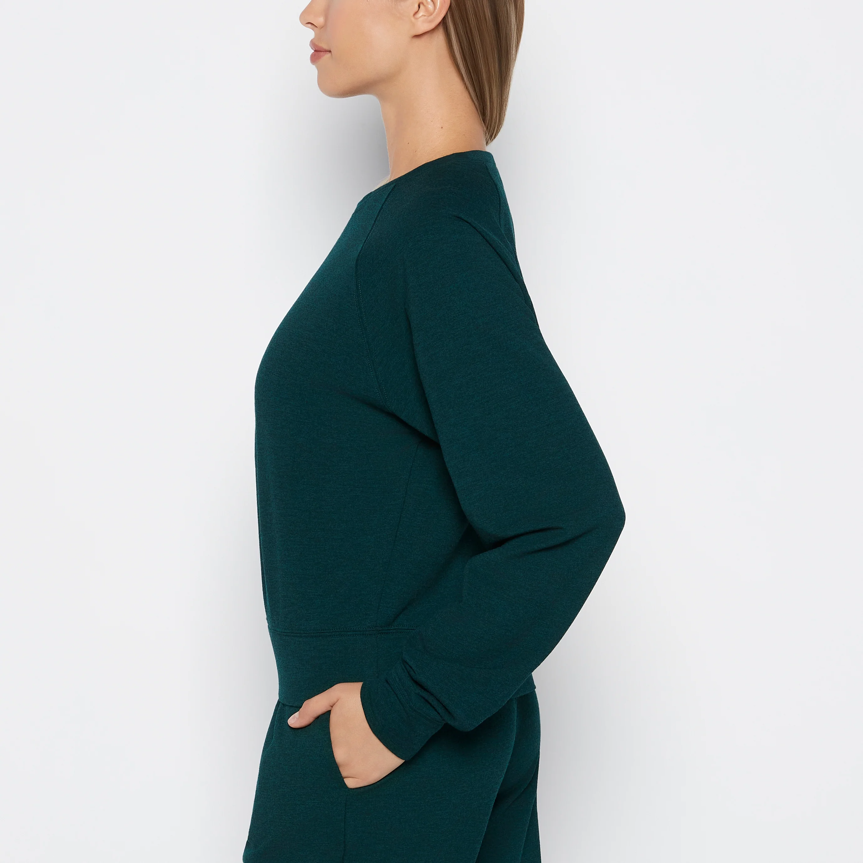 French Terry Crew Neck Sleep Top in Emerald Green Heather - Image 2