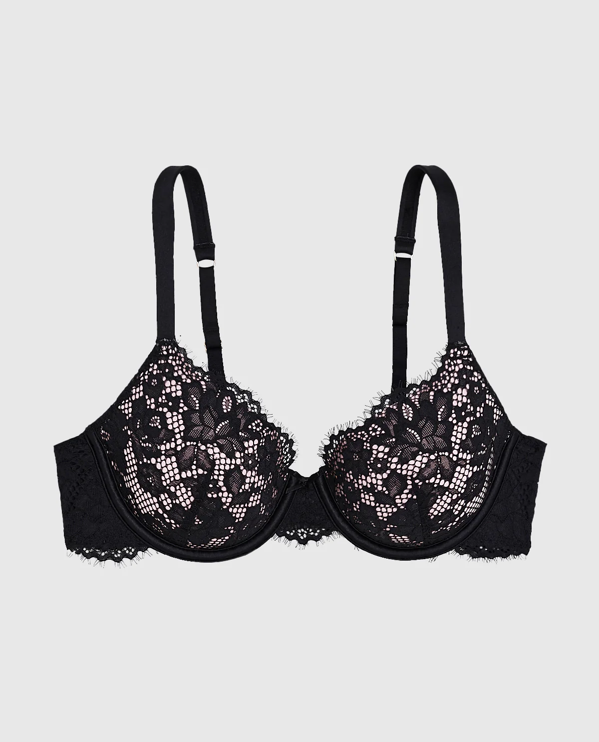 Lightly Lined Lace Full Coverage Bra in Black and Pink - Image 4