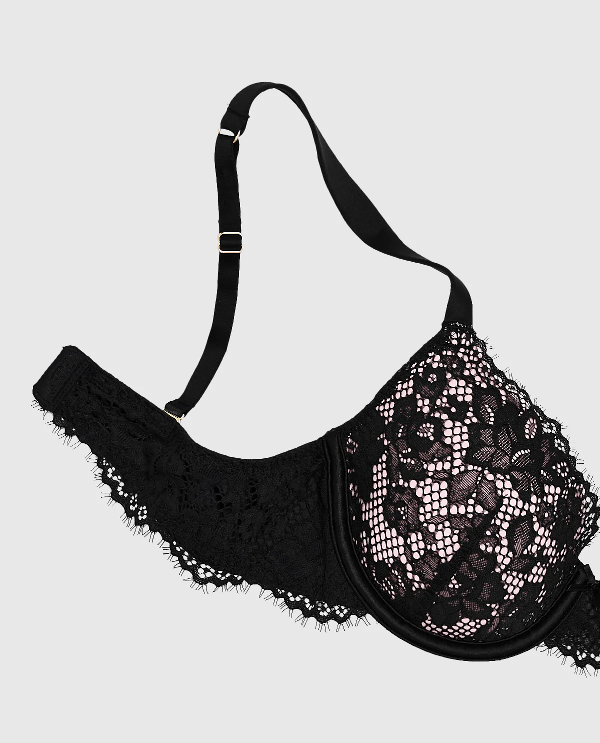 Lightly Lined Lace Full Coverage Bra in Black and Pink - Image 5