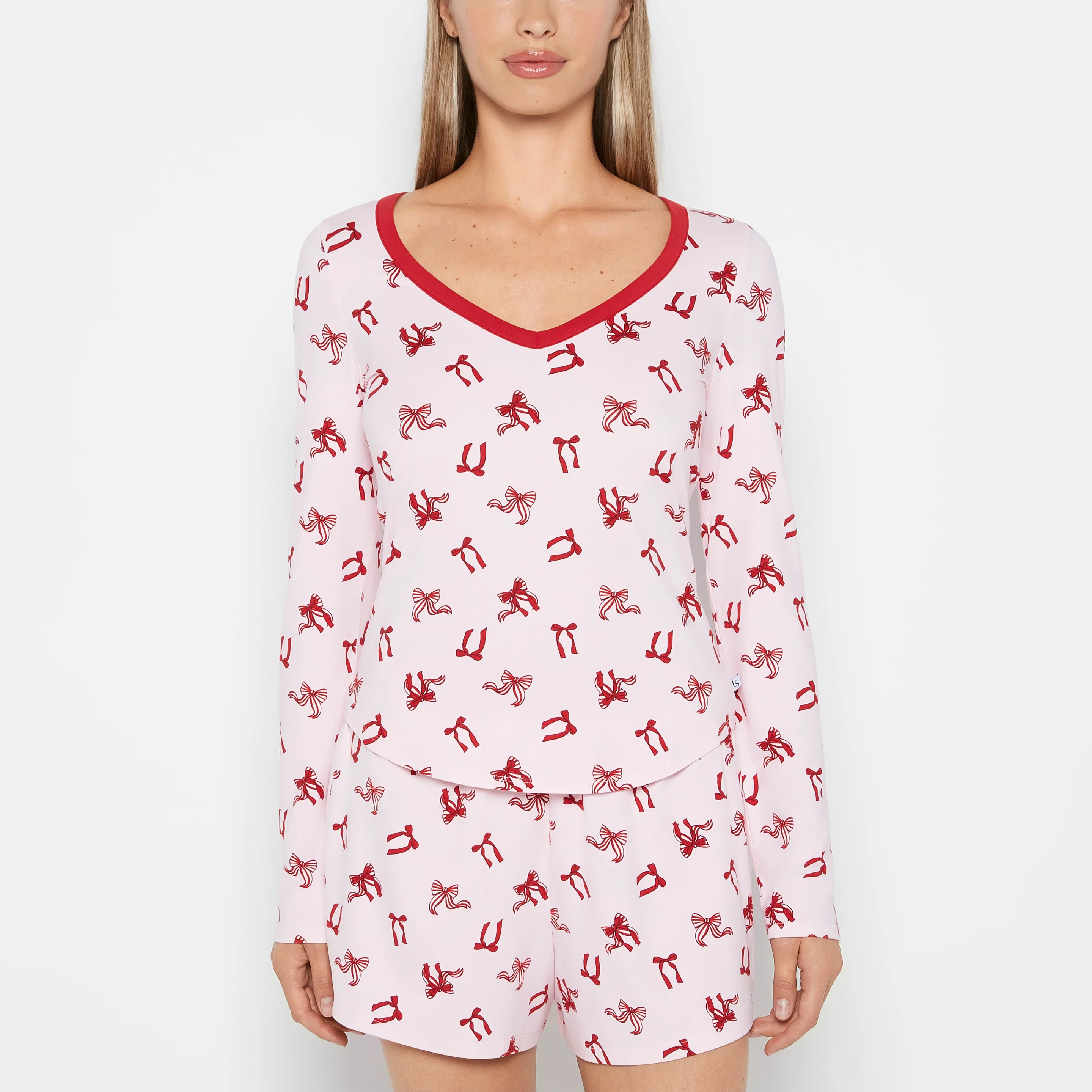 Long sleeve brushed jersey v-Neck top in Big Sweet Bows
