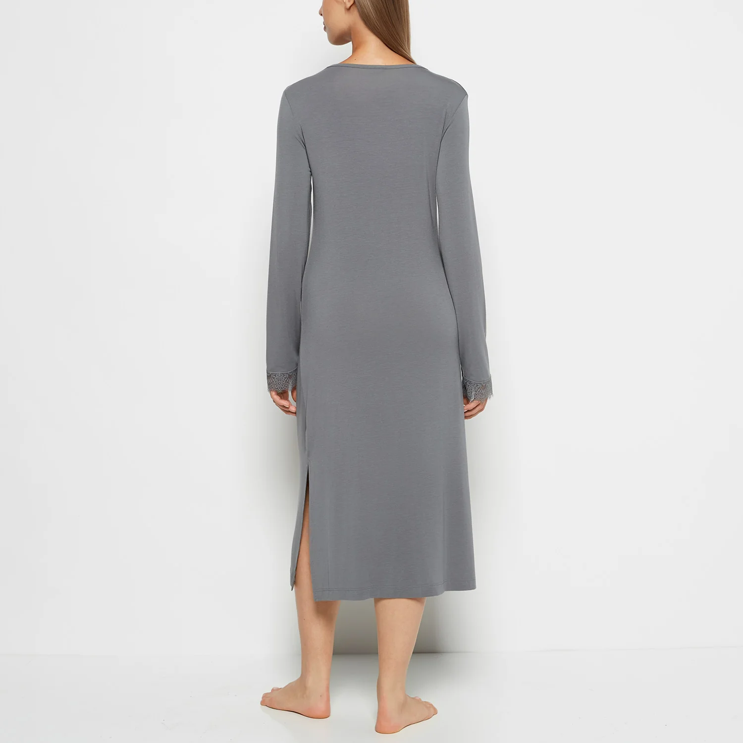 Modal with Lace V-Neck Sleep Shirt in Smoked Pearl - Image 3