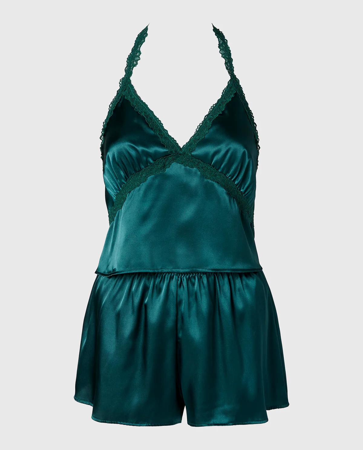 Satin PJ Set With Wicked Lace Trim in Emerald Green - Image 4
