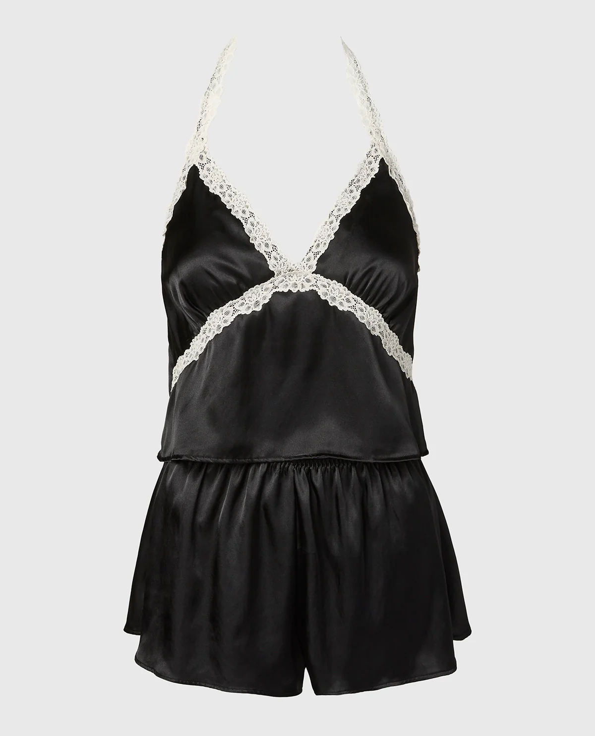 Satin PJ Set With Wicked Lace Trim in Tuxedo Black - Image 4