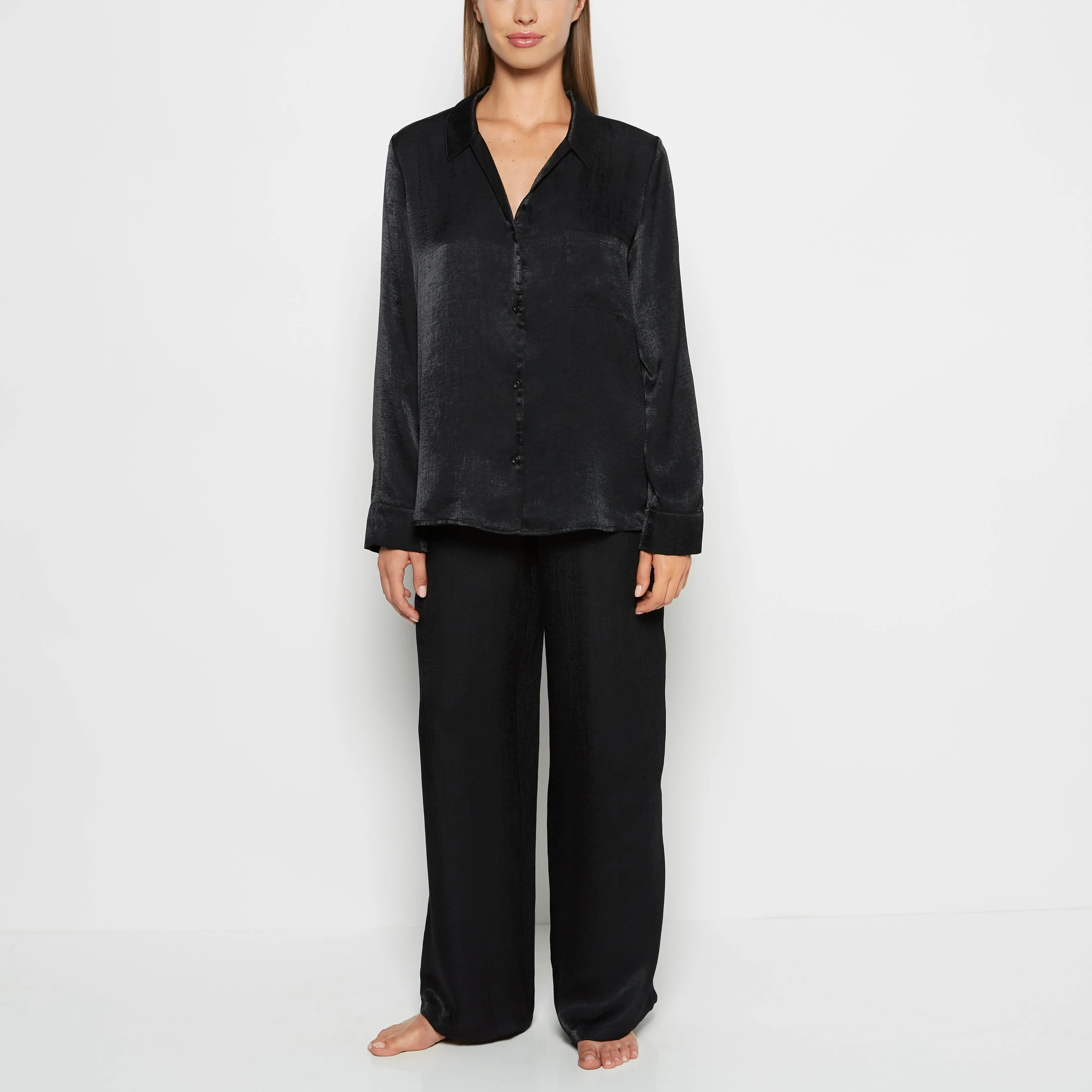 Satin Sleep shirt with button front in Tuxedo Black