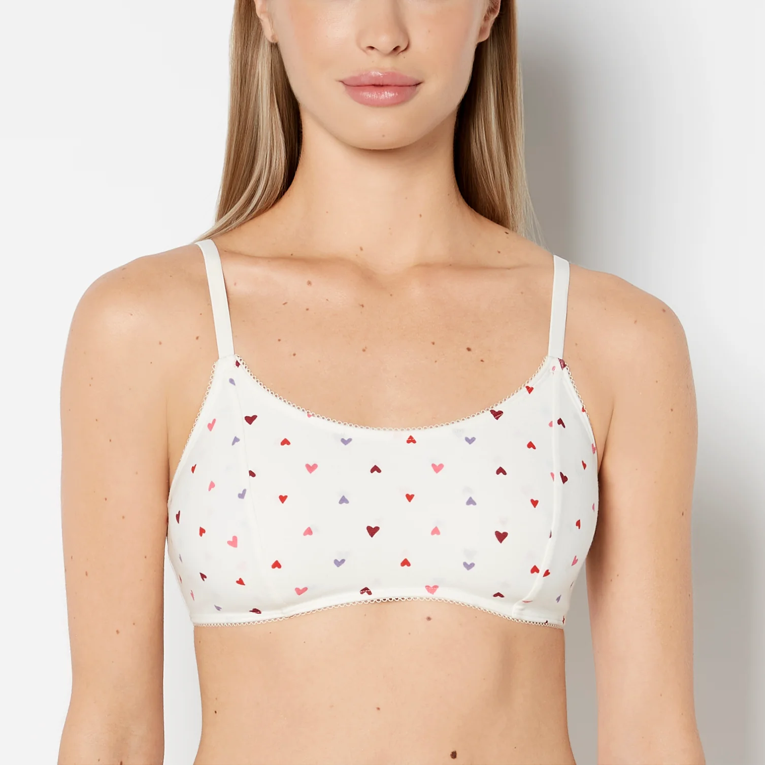 Scoop Neck Cotton Bralette With Picot Trim in Tossed Heart