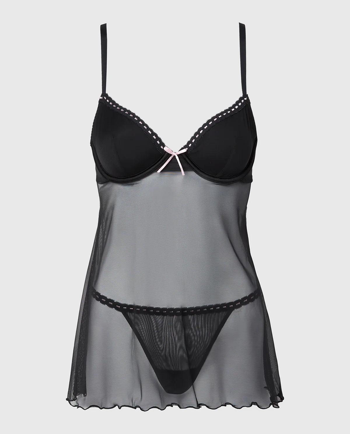 Unlined Demi Mesh Babydoll with Ribbon Detailing in Tuxedo Black - Image 4