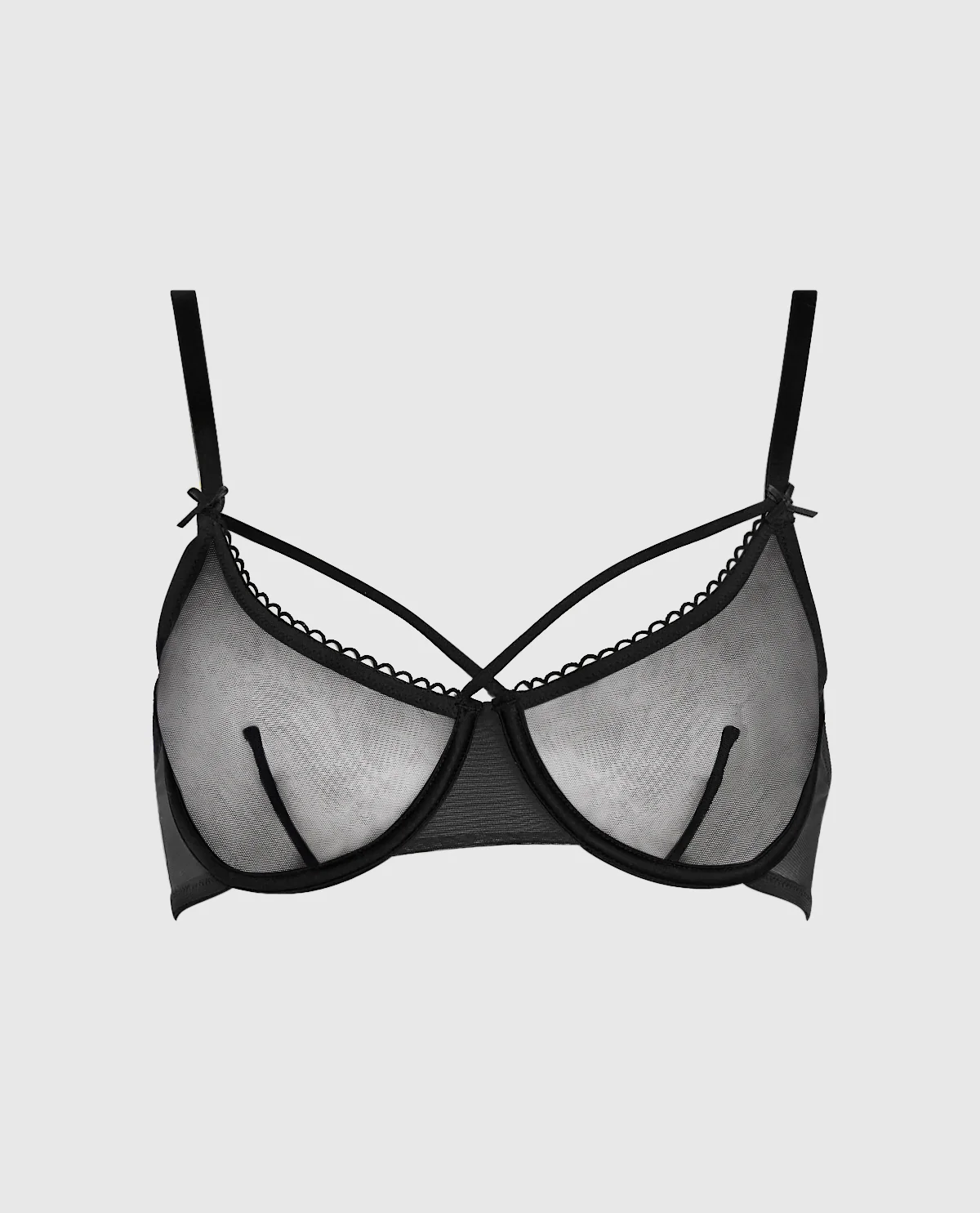 Unlined Mesh Bra with Picot Trim in Black - Image 4